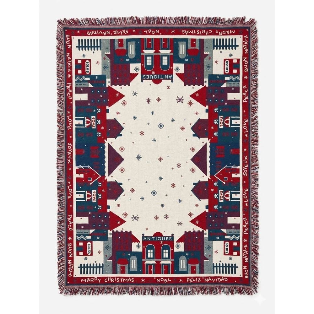 VTG Goodwin Weavers Christmas Village Shops Tapestry Throw Blanket Reversible